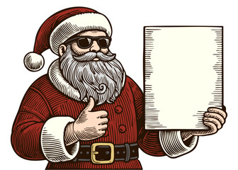 Cool Santa Claus with Thumbs Up Holding Blank Sign in Hand-Drawn Style for Holiday Announcements and Festive Designs. Vector illustration isolated on white
