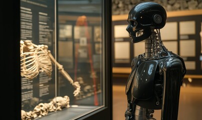 Black robot stares at skeletal display.
