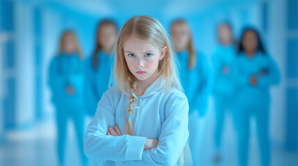Young girl with determined expression stands in a blue corridor surrounded by classmates