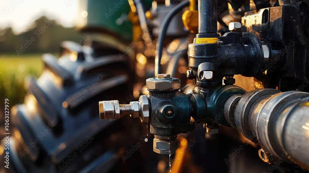 Poster hydraulic valve and pipe system of a tractor, showing engineering details in an agricultural setting