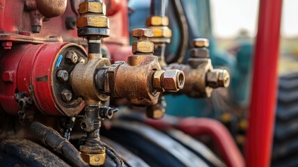 Fototapeta premium Hydraulic valve and pipe system of a tractor, showing engineering details in an agricultural setting.