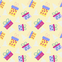 Seamless Christmas trees, HO-HO-HO, pine trees, conifers, toys, garlands, snow, star, snowflake, new year. Vector