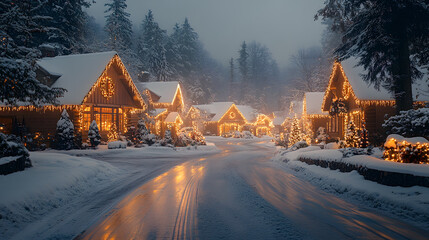Fototapeta premium Beautiful photography capturing a row of houses adorned with festive Christmas lights and traditional decorations, creating a cozy, warm atmosphere with snow gently covering rooftops and trees.