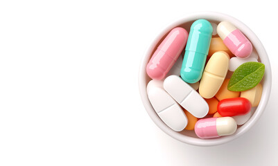 Colorful assortment of capsules and tablets in a bowl on a white background
