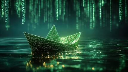 A digital boat gliding through a sea of glowing green code under a mesmerizing night sky