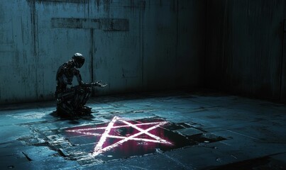 Obraz premium Robot kneeling before pentagram in dark room.