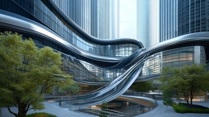Office building with a unique, curved glass design and metal detailing, creating a futuristic look amidst the city.