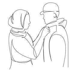 One continuous single drawing line art flat doodle muslim, couple, love, happy, arabic, romantic. Isolated image hand draw contour on a white background
