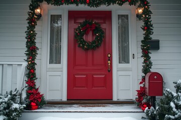 Fototapeta premium Red Front Door with Festive Garlands and Outdoor Mailbox Filled with Christmas Letters from Family