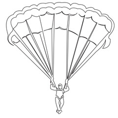 One continuous single drawing line art doodle parachute, parachutist, sport, jump, parachuting, sky. Isolated flat illustration hand draw contour on a white background

