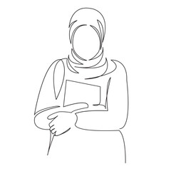One continuous single drawing line art flat doodle muslim, student, girl, young, islamic, woman, islam, traditional. Isolated image hand draw contour on a white background
