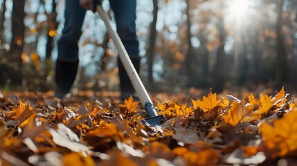 Raking Autumn Leaves in a Peaceful Wooded Landscape with Soft Sunlight