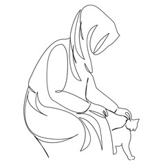 One continuous single drawing line art flat doodle cat, female, pet, animal, muslim, woman. Isolated image hand draw contour on a white background
