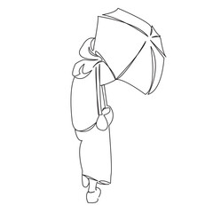 One continuous single drawing line art flat doodle umbrella, rain, female, outdoor, muslim, clothing, woman, autumn. Isolated image hand draw contour on a white background
