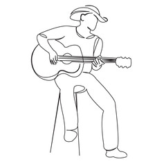 One continuous single drawing line art flat doodle musician, music, man, instrument, player, guitar. Isolated image hand draw contour on a white background
