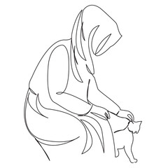 One continuous single drawing line art flat doodle cat, female, pet, animal, muslim, woman. Isolated image hand draw contour on a white background
