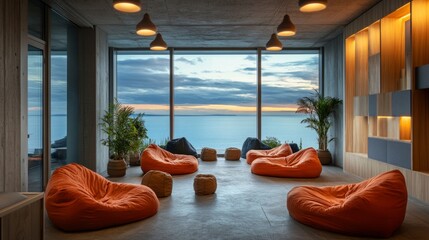 Relaxing office lounge area with bean bags and a wide window facing a calm sea, providing employees with a refreshing view.