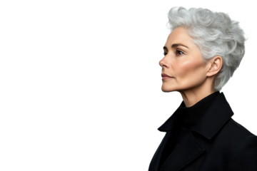 Portrait of stylish woman with gray hair, isolated on transparent background