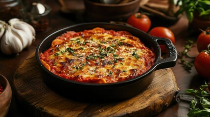 Pan with tomato sauce, placed on rustic wood chopping board, rich brown background