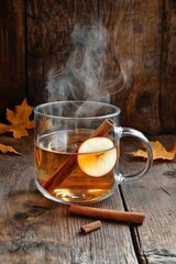 Hot Apple Cider: A glass mug of hot spiced apple cider drink with apple slices, and cinnamon sticks.