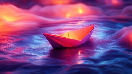 Fototapeta premium A serene paper boat floats gently on luminescent waves, casting a warm glow under a magical twilight sky