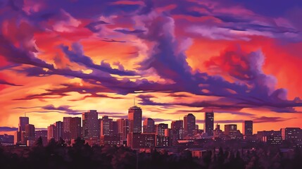 Fototapeta premium A vibrant cityscape with a dramatic sunset sky.