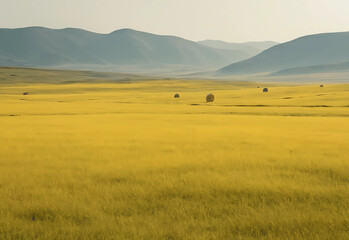 Obraz premium Minimalistic grassland with a glowing yellow core in the center, under an expansive sky. Serene, cinematic landscape with soft, golden hues.