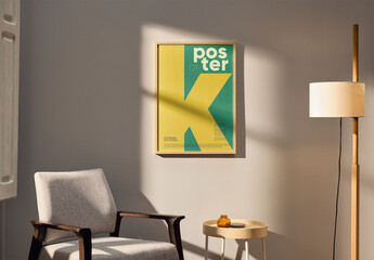 Mockup Of Customizable Vertical Framed Poster On Wall