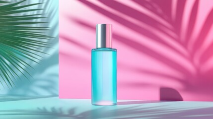 Blue skincare bottle with tropical shadows	