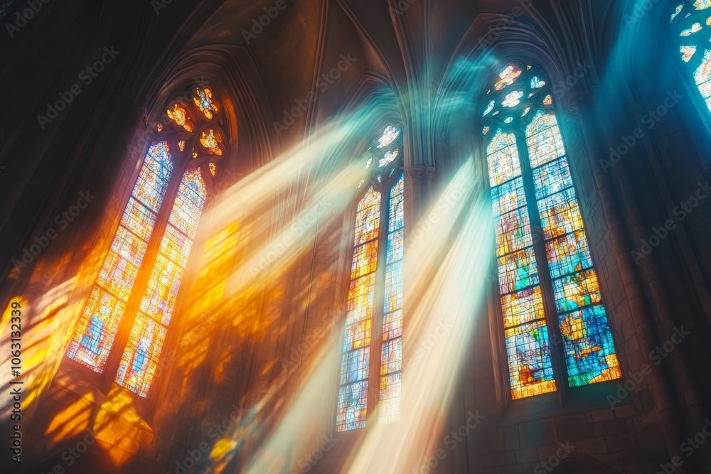 Poster vivid rays of sunlight peer through elegant, multicolored stained glass windows, casting a warm glow