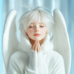 Naklejka premium Ethereal figure with angelic wings and white attire meditating in soft light indoors