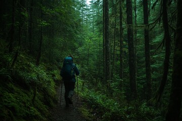 Fototapeta premium A backpacker navigates through a dense green forest with hiking poles, surrounded by verdant trees and moss-covered ground, epitomizing adventure and exploration.