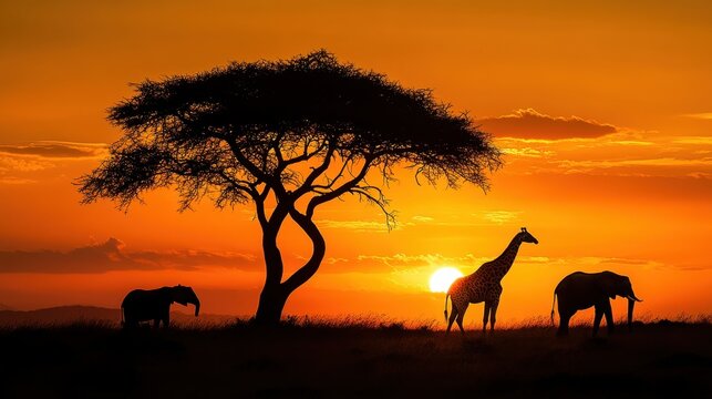 Fototapeta African safari animals at sunset 