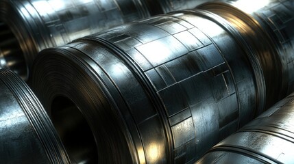 Steel alloy rolls in a factory environment, with detailed texture and metallic sheen.