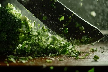 A knife chops through fresh broccoli, sending tiny green bits across the surface, highlighting the energy and motion in a detailed culinary action shot.