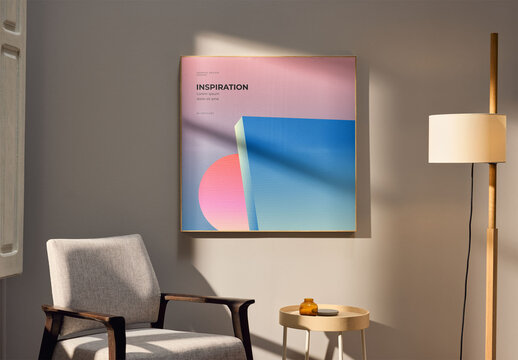 Mockup Of Customizable Square Artwork On Wall