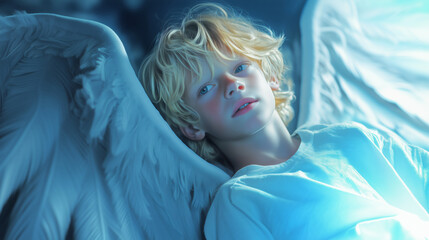 Naklejka premium A young boy with angel wings gazing thoughtfully under soft blue light in a serene atmosphere