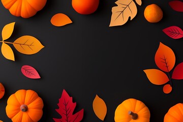 Autumn leaves and pumpkins frame a black background.