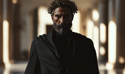 Fototapeta premium Man in black robe and crown stands in a hallway.