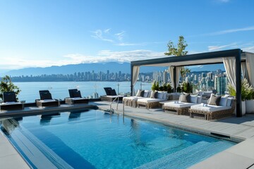 Fototapeta premium A luxurious rooftop pool with cabanas overlooking a panoramic city view, illuminated by clear daytime skies, offering an exclusive, relaxing escape in urban settings.