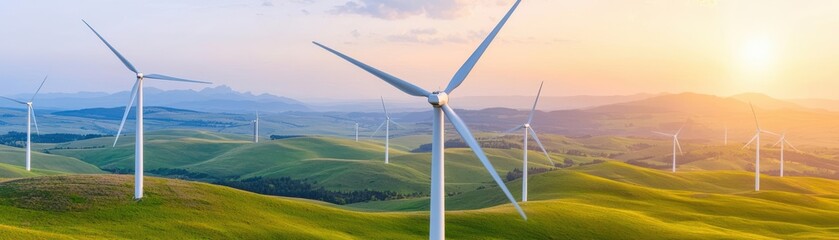 An array of wind turbines on rolling green hills, with the sun shining bright, symbolizing clean energy's role in the future of our planet