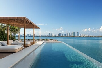 Fototapeta premium This image captures a sleek modern infinity pool with minimalist design overlooking a large bay, with a city skyline in the distance under a bright, clear sky.