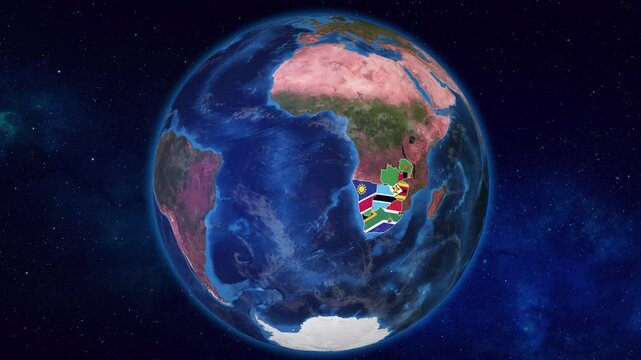 Earth Zooming on Botswana And Neighbour Countries Highlighted with their flags