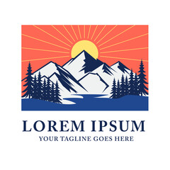 Mountain Landscape Vector Logo With Sunrise in the background, accompanied by rows of pine trees suitable for business in Outdoor,  Natural Products