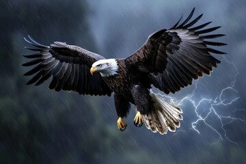 Fototapeta premium An awe-inspiring image of a majestic eagle captured mid-flight against a stormy background, with lightning flashes illuminating its powerful wingspan.