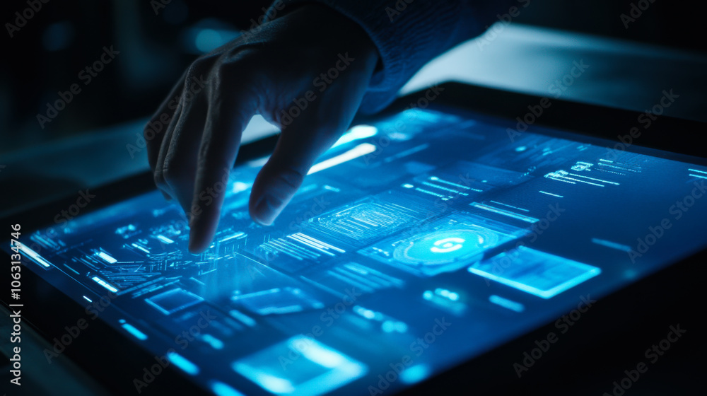 Poster a person interacts with a high-tech digital interface displaying vibrant analytics data in a dark en