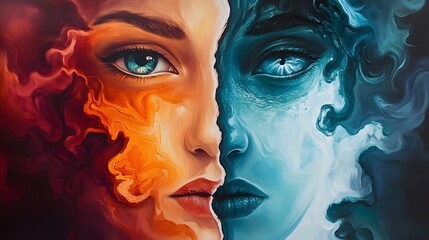 A captivating digital artwork contrasts two faces, symbolizing duality through fiery and icy elements. Stunning colors and depth.