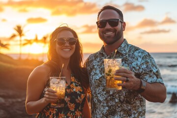 A smiling couple dressed in floral outfits, holding drinks and embracing the beauty of a beachside sunset with palm trees in the background, radiating joy and relaxation.