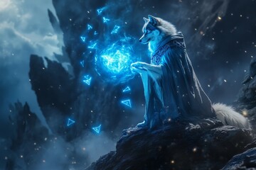 A mystical wolf, draped in a robe, channels radiant blue magic while perched on rocky cliffs at night, surrounded by geometric blue symbols in the sky.