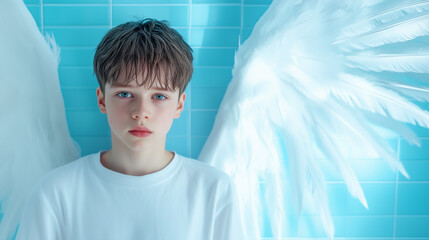 Fototapeta premium Young boy with angel wings in bright blue setting, capturing a moment of ethereal beauty